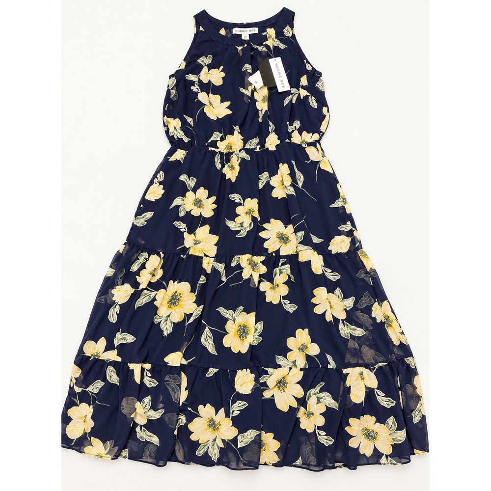 Robbie Bee Floral Tiered Maxi Dress Size 18 Navy Yellow NWT $79 MSRP